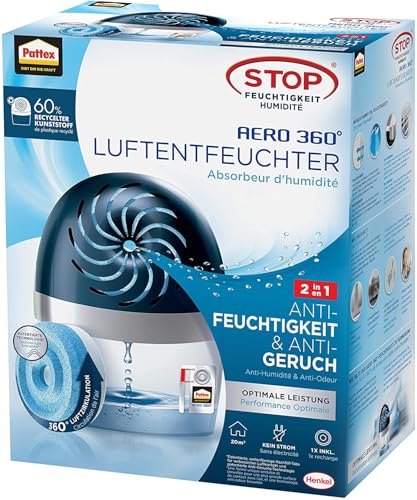 Pattex AERO 360º Luftentfeuchter, ultra-absorbierender Raumentfeuchter, hilft Kondenswasser, Schimmel- und Modergeruch zu vermeiden, nachfüllbarer Raumluftentfeuchter, 1 Gerät inkl. 1 Nachfülltab 450g