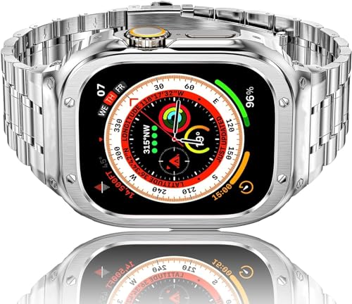 HASLFM Apple Watch Ultra Armband mit Gehäuse Kompatibel für Apple Watch Ultra/Ultra 2(49mm), Robustes Ersatzband und Edelstahl Metall Apple Watch Armband für Männer, Silber