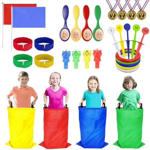 Waylipun Outdoor Spiele für Kinder, 36Pcs Kindergeburtstag Partyspiele Gartenspiele für Kinder, Sackhüpfen Säcke, Eierlaufen, 3Bein Rennen, Ringwurfspiel, Medaillen, Partyset für Jungen Mädchen