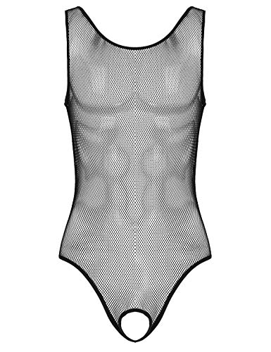 Doomiva Herren Bodysuit Ouvert Mesh Body Sexy Transparent Crotchless Overall Dessous Männer Einteiler Schlafanzug Erotik Unterwäsche Schwarz L