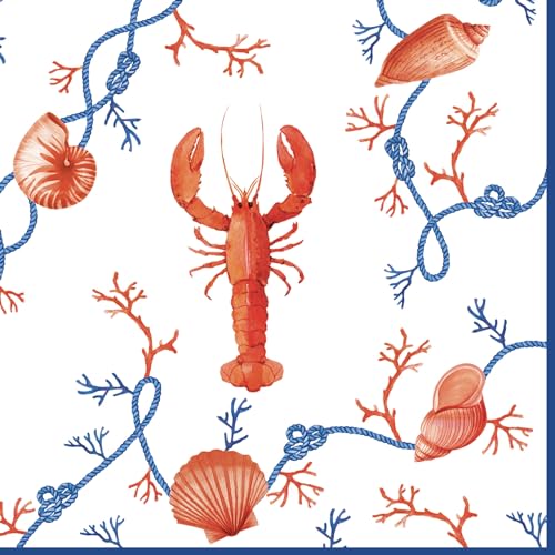 20 Servietten Maritim Hummer mit Muscheln als Tischdeko. Papierservietten mit Motiv. Auch für Decoupage und Serviettentechnik 33x33cm