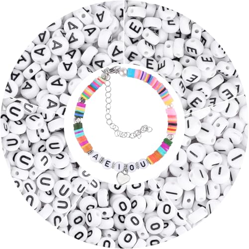 500 Stück Buchstabenperlen Vokale A E I O U Buchstaben Perlen für Armbänder, Rund Perlen Buchstaben Letter Beads, für DIY Schmuck und Basteln
