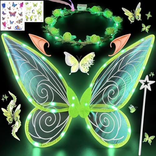 YeahBoom LED Feenflügel Leuchtende,Schmetterlingsflügel mit Elfenöhren,LED Fee Stirnband und Sterne Feenstäbe,Schmetterlingsflügel,Prinzessinnenflügel,Flügel Kostüm für Fasching oder Feen-Mottopartys