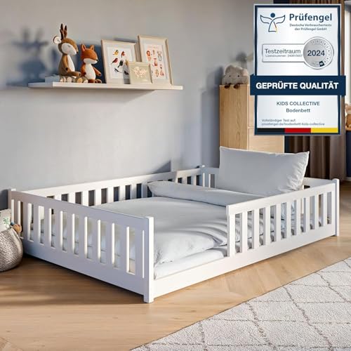 Kids Collective Kinderbett Bodenbett 140x200 cm mit Rausfallschutz & Lattenrost Montessori Bett Bed Gitterbett Kinder Jugendbett Einzelbett | weiß weitere Größen 80x160 | 90x200 | 120x200 cm