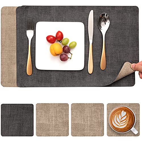Myir JUN Tischsets Abwaschbar Leder und Untersetzer, Doppelseitigen Platzset 4er Set rutschfest Platzdeckchen Kunstleder (Grau Beige)