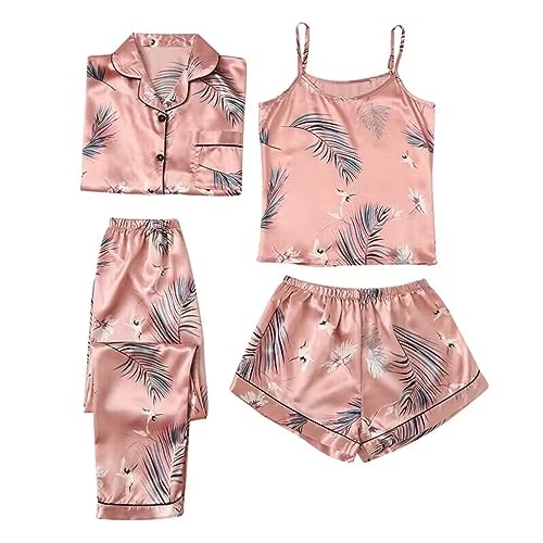 Unterkleid Damen Sexy Satin-Nachtwäsche-Set für Damen, 4-teilig, Heimkostüm, Pyjama-Set, Dessous, unbekleidete Nachtwäsche Damen Schlafanzüge Schlafanzug Damen Frottee (Orange, M)