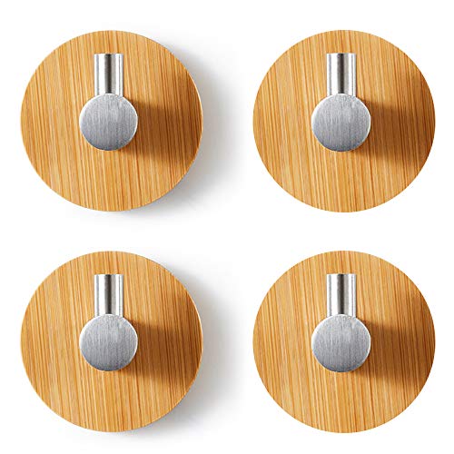 IWILCS Holz Bambus Wandhaken, 4pcs Selbstklebend Haken Klebehaken Holz Edelstahl & Bambus Bademantelhaken Holz Selbstklebend Bademantelhaken Ohne Bohren zum Aufhängen für Küche und Bad