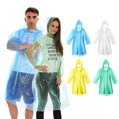 SENLINLU 4 Stück Einweg-Regenponcho, wasserdichter Notfall-Regenmantel-Poncho, wasserdichter Poncho, leichter Regenmantel mit Kordelzug, Erwachsenengröße (4 Farben), Transparent weiß, grün, One size