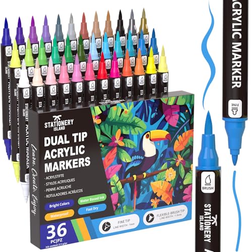 STATIONERY ISLAND Acrylstifte für Steine Wasserfest 36 Farben 1-5mm Dual Tip (feine Spitze und Pinsel) Acrylmarker für Rock Painting, Glas, Papier, Holz, Ei, Leinwand, Keramik, Stoff, DIY Crafts
