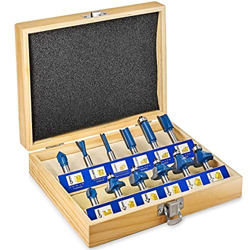 S&R Fräser-Set HM für Oberfräsen, 12 tlg, Zylindrischer Schaft 8 mm, Hartmetall Schneideplatten, Holzfräs-Bits aus geschmiedetem Werkzeugstahl, in Holzbox, Fräser für Kantenfräse, Holzfräse