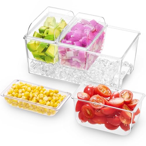 Lifewit Eis Zutatenbehälter, Behälter zum Garnieren mit 3 Einsätzen, Barbeilagenbehälter mit Deckel Ice Eiswürfel hinzufügbar, 3 Fächer für Bar Zitronen,Obst, Oliven und Cocktail Zutaten