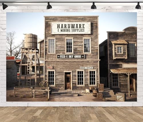 CORFOTO Western Town Hintergrund Stoff 2,1 x 1,5 m Rustikaler Hardware-Bergbaubedarf, Fotohintergrund für Western-Cowboy-Themenparty-Dekorationen, Wilder Westen, Geburtstag, Fotoautomaten, Studios