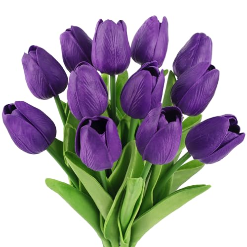 N&T NIETING Künstliche Tulpen Gefälschte Blumen, 12 Stück Latex Real Touch Faux Tulpen Blumen für DIY Hochzeit Home Garten Hotel Party Büro Dekoration(Tiefviolett)