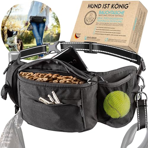 HUND IST KÖNIG Leckerlitasche für Hunde Leckerlis & Hundezubehör - Robuste Bauchtasche Hund - Futterbeutel Hunde mit Kotbeutelspender, Handyfach & Gurt für Flexileine