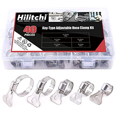 Hilitchi 40 Stück 8–29 mm Spannbereich Schmetterling Schlüssel-Typ Verstellbare Schlauchrohr-Schnecken-Klemmen Sortiment Kit, Klemmen Ideal für Sanitär, Auto – 304 Edelstahl