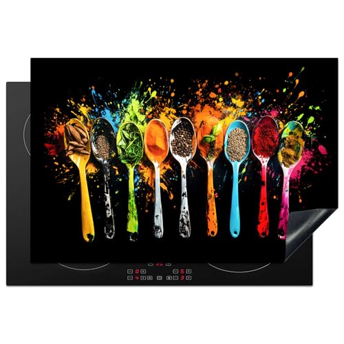 KitchenYeah© Herdabdeckplatte 78x52 cm Einteilig Herdabdeckung Abdeckplatte für Ceranfeld Abdeckung Induktionskochfeld Aufrollbare Matte Löffel - Gewürze - Modern - Graffiti - Farbenfroh