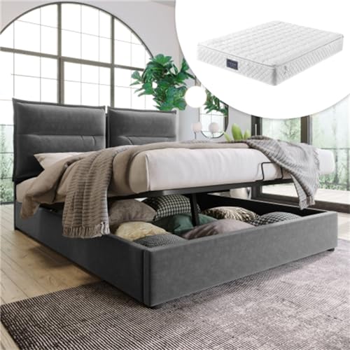 Hydraulisches Doppelbett Mit Verstellbarem Kopfteil Und Stauraum, Gepolsterter Bettrahmen, Metalllattenrost, Modernes Design, Optionaler Matratzenkauf(Size:Grey Mattress)