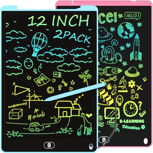 Bunte LCD Schreibtafel, 2 Pack 12 Zoll Schreibtablett für Kinder und Erwachsene, Löschbares Wiederverwendbar Zaubertafel Tragbares Augenschutz Zeichentafel für Reise, Hause, Schule - Blau Rosa