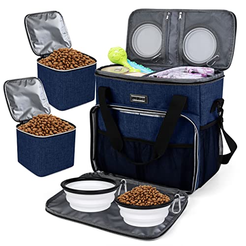 BAGLHER Hundetasche, Haustier-Reisetasche (alle Haustier-Reisebedarf), mit 2 Tierfutterbehältern und 2 faltbaren Silikonnäpfen; unverzichtbare Kits für Haustierreisen, Dunkelblau