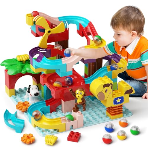 Murmelbahn Bausteine Kinder STEM Spielzeug, 3-in-1 Kugelbahn Bauset für Kinder 88 Pcs Groß Blöcke Ball Race Lernspielzeug Geburtstag Spielzeug für Jungen Mädchen 3+ Jahre