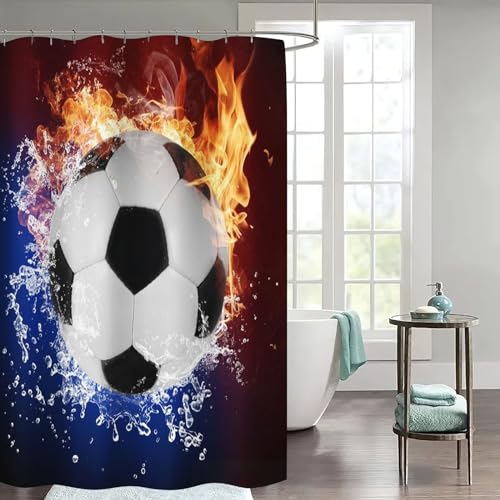 WEQEER Fußball Duschvorhang 180x180 180x200 Sport Thema Fußball Duschvorhang Textil 3D Fußball Duschvorhänge Mit 12 Ringen Für Jungen, Kinder (1,180 x 200 cm)