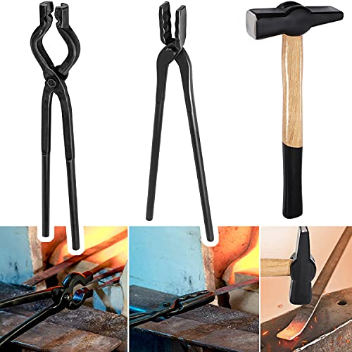 Schmiedezange + Hammer Set Messer machen Zange Wolfsbacken V-Bit Zange Starter Anfänger Klingen Metallarbeiten Schmiedearbeit Amboss Werkzeug 000811-1000 (3 Stück)