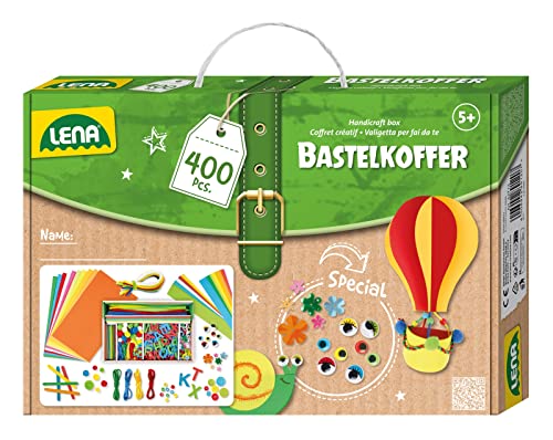 Lena 42713 Bastelkoffer Teile, Material zum Basteln Papier, Moosgummi, Pfeifenreiniger, Wackelaugen, Pompons, Eisstiele, Knöpfe und mehr, für Kinder ab 5 Jahre, 400er Bunt
