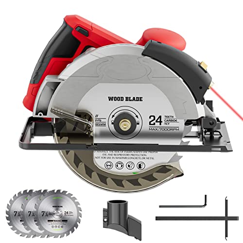 Kreissäge, Handkreissäge 1500W 12A 5500RPM mit Laserführrung, Kupfermotor, 185mm Kreissägeblatt, 3 Sägeblättern (24T/48T), Maximale Schnitttiefe 62 mm (90°), 46 mm (45°), für Holz DIY, Plastik