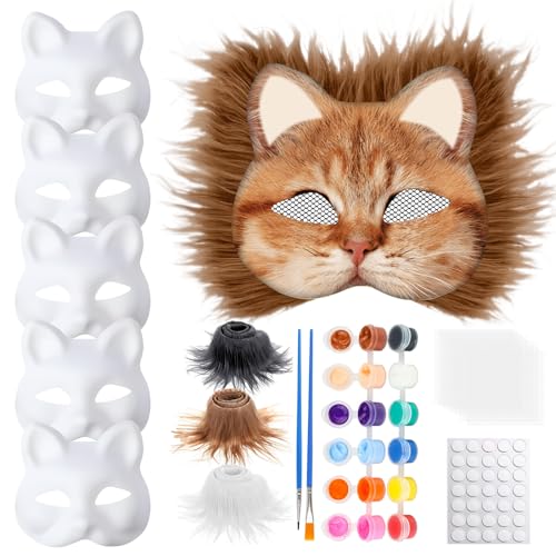 6 Stück Katzenmaske mit Augen Mesh und Pelz Bart, Tier Katze Maske DIY Set Katzenmasken zu malen Filz, Maskes Kunsthandwerk Kit, DIY Blank Gesicht Maske Kostüm für Maskerade