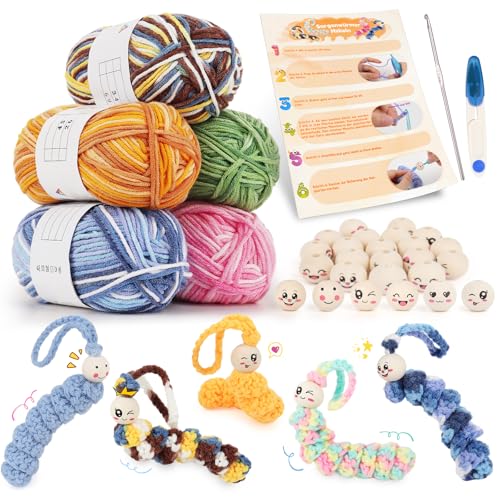 Aeeque Sorgenwürmchen Häkeln Set, Glückswürmchen Häkelset mit 60pcs Holzköpfe 20mm, 250g Häkelgarn, 3.5mm Häkelnadel, DIY Häkel Set mit Anleitung, Sorgenwürmchen Heckel-set für Anfänger