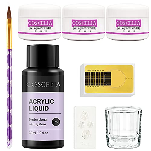 COSCELIA Klar&Rosa&Weiß Acrylic Powder Set mit 30ML Acrylic Liquid 8G Acrylic Powder Nails Set Acryl Pulver Starter Set Acrylic Nail Kit mit Schablonen