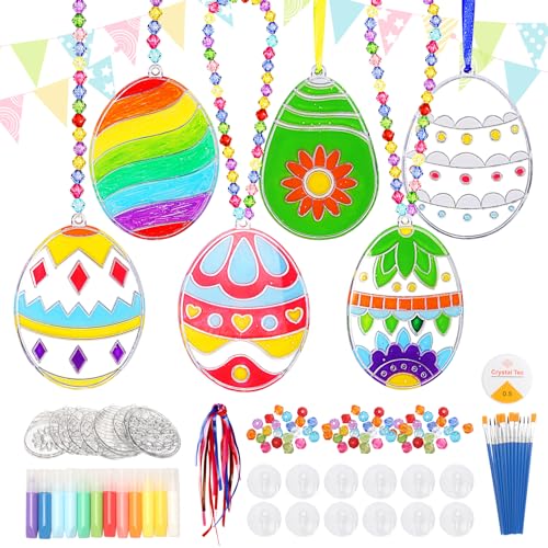 LOHAME 12 Stück Ostern Basteln Kinder Ostern Bastelset Ostereier Anhänger zum Bemalen Osterdeko Sonnenfänger Osterbasteln Kreativ Handwerk Ostergeschenke für Mädchen Jungen Frühling Ostern Party