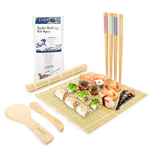 Exzact Bambus Sushi-Rollen Kit 8-Teiliges Set - 2 x Matten, 1 x Reis Paddel, 1 x Reisverteiler, 4 Paar Essstäbchen - 100% natürlich (SR-08)