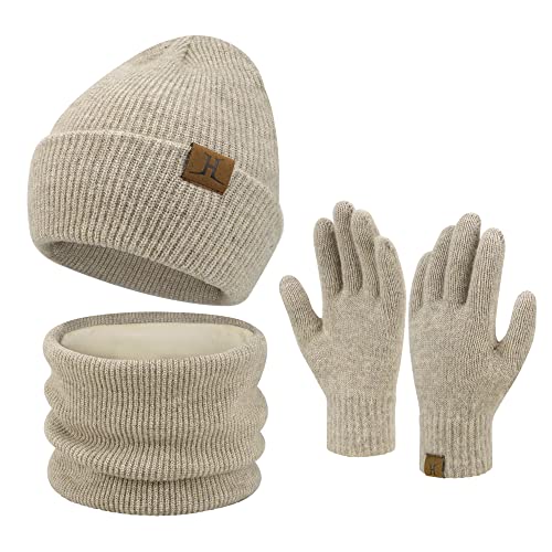ZASFOU Damen Winter Beanie Mütze Schal Touchscreen Handschuhe Set Warme Wintermütze Loop Schal Schlauchschal Winterhandschuhe Weihnachten Geschenk für Frauen,Helles Khaki