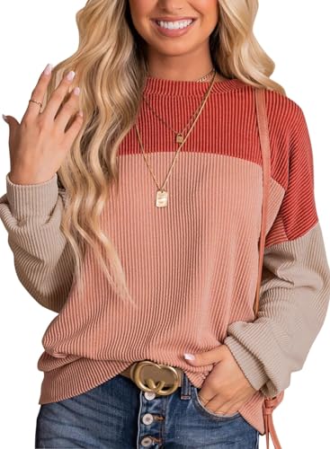 Cuptacc Pullover Damen Herbst Farbblock Rundhalsausschnitt Sweatshirt Damen Casual Langärmeliger Rot Groß L 42-44