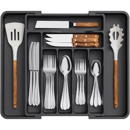Lifewit Besteckkasten für Schublade, Verstellbarer Besteckeinsatz Breite von 30 auf 50 cm, Kunststoff Besteckhalter, Utensilienhalter küche Tiefe 38 cm, Küchen Organizer für Löffel/Gabeln, Schwarz