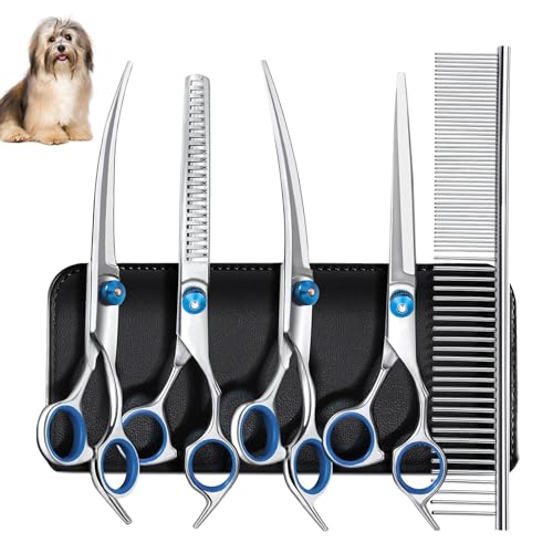 Diompirux 5er-Pack Profi Hundeschere Set, Inkl 1 Effilierschere, 2 Gebogene, 1 Gerade Schere, 1 Fellpflegekamm, für Fellpflege Hund Katze Haustier, für Ganzkörper, Gesicht, Nase, und Ohr