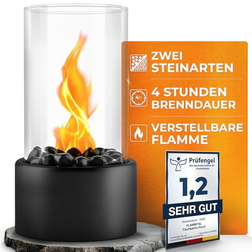 flammtal Bioethanol Tischkamin Round für Garten Terrasse Balkon Tisch Deko - Tischfeuer für Indoor & Outdoor 4h Brenndauer - Verstellbare Flamme - Bio Ethanol Kamin mit Zwei Steinarten Schwarz & Weiß
