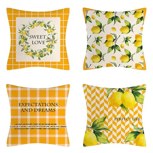 Outdoor Kissen 40x40 cm 4er Set Kissenbezug Wasserdichte Doppelseitig Leinen Kopfkissenbezug Orange Sofakissen Kissenbezüge für Deko Wohnzimmer/Couch/Bett/Auto/Kissenhüllen, Geschenk Zitrone J-321