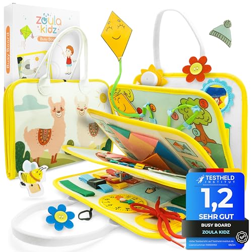 zoula kidz® Busy Board deutsch ab 3 Jahre - Motorikspielzeug & Montessori Buch mit 8 Seiten und 23 Aktivitäten - sicher & schadstofffrei - ideales Reise Spielzeug & Geschenk für Kleinkinder (Alpaka)