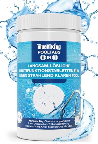 BlueViking Chlortabletten für Pool 5 in 1 - Hochwirksame Multitabs Pool 20g im 1kg Eimer - Chlor Pool Tabletten in EU Premium-Qualität - Einfache, Sichere und Effiziente Poolpflege