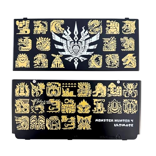 Limited for New3DS Extra Faceplate Shells Replacement Black Monster Hunting 4 Ultimate, for New 3DS Small Handheld Console, Custom Golden Monsters Logos Top & Bottom Cover Plates 2 PCS Set