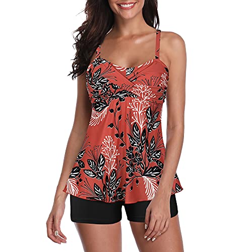 Century Star Tankini Damen Bauchweg Badeanzug Swimsuits mit Badehose Zweiteiliger Set Push up Große Größen Rot Blumen 48 (Tag Size 4XL)