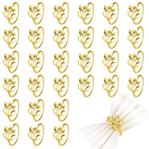 Blatt Serviettenringe Set, 30 Stück Metall Serviettenring Halter Schnallen für Tischdekorationen, Serviettenhalter für Stoffservietten Verzierung für Hochzeit Weihnachten Abendessen (Gold, 1.7in)