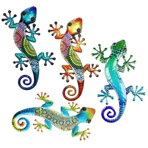EHDWXVZM 4 Stück Wanddekoration Gecko, Gartenzaun-Dekoration, Außenwanddekoration, Bunte Gecko-Dekoration Wand