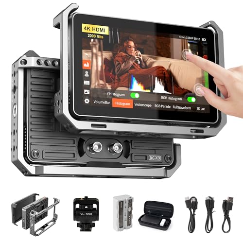 VILTROX DC-X3 2000 Nits SDI Kamera Field Monitor Kit mit Rig Cage, 4K HDMI 6" Touchscreen DSLR Kamera Video Monitor mit Sonnenschutz/Akku, 3D Lut 1920x1080 HD Full Waveform Focus Peaking Vector Scope