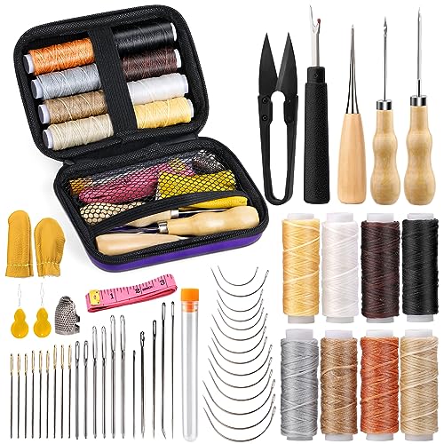 Tikjiua 54-teiliges Polster-Reparatur-Nähset, 8-teiliges gewachstes Garn, Leder-Nähnadeln, Nähnadelle, Fingerhut, strapazierfähiges Polster-Reparatur-Set für Autositz, Rucksack, Teppich, Stiefel,