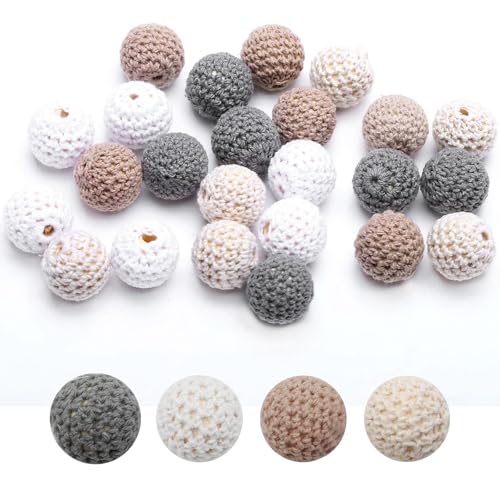 Gehäkelt Holzperlen，24 Stück Häkelperlen Gehäkelt Holzperlen mit Loch Runde Gehäkelte Perlen Auffädeln Handgefertigt Holzkugeln Häkelperle für DIY Schmuck Dekorationen Halskette Armband(grey-20mm)