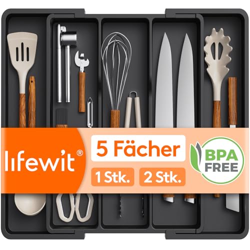 Lifewit Besteckkasten für Schubladen, Großer Utensilienständer Erweiterbar auf 57 cm, Küchenutensilienhalter Tiefe 38 cm, Schubladen Organizer Küche, Kunststoff Besteckhalter für Messer/Gabel, Schwarz