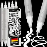 ARTISTRO 5 weiße Acrylstifte, Kunstset, Acrylfarbenmarker mit Doppelspitze (fein 1 mm + Punkt 5 mm), Zeichenset, Marker für Textilien, Leinwand, Stein, Glas, Holz, Papier, Heimwerkerbedarf, Farbmarker